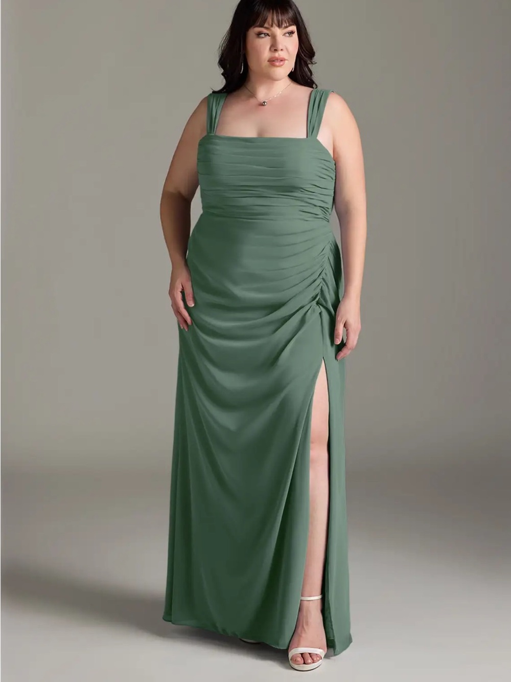 Azazie Eucalyptus Green Ruched Mesh Maxi Dress - Picture 4 of 5
